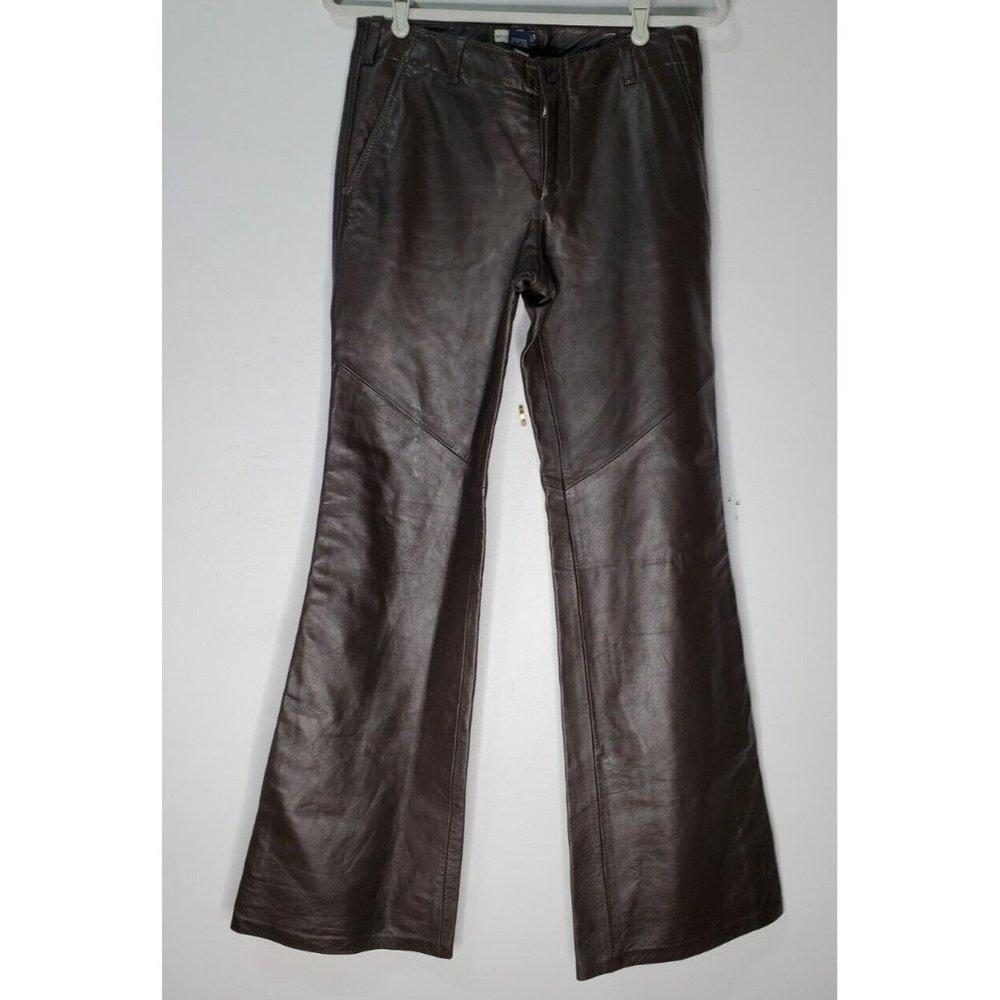 Vintage Y2K Gap Size 6 Low Rise Trouser Brown Leather Flap Pocket Pant Biker